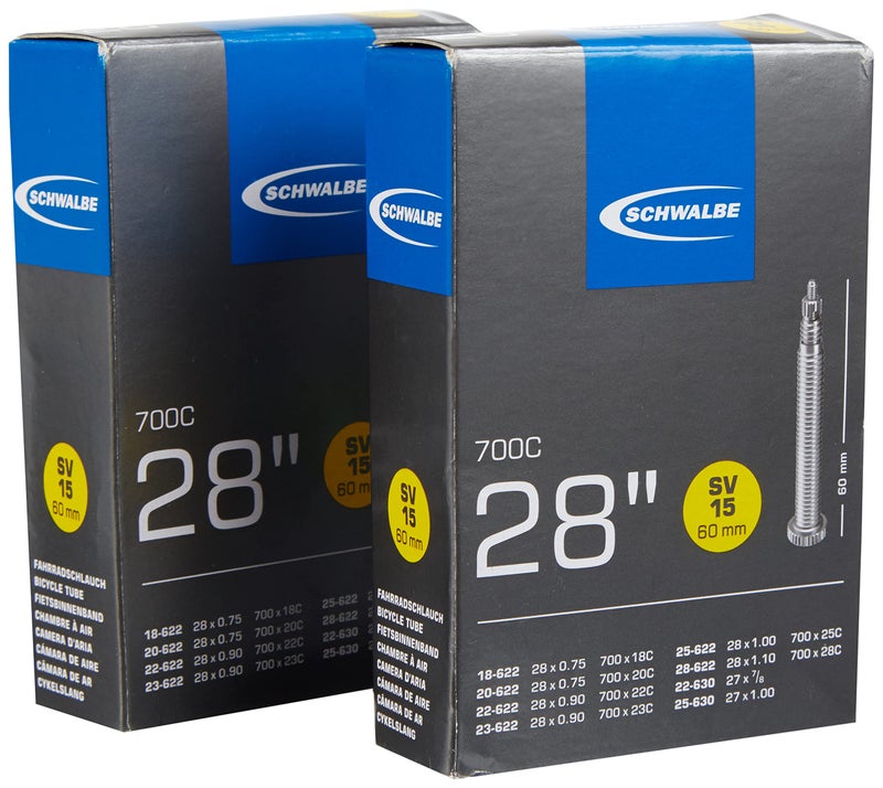 شوالبي Schwalbe SV15 SV 15 أنبوب دراجة 60 مم 700 × 18-28 C B067 عبوة طويلة جدًا مكونة من قطعتين، أسود - Image 1